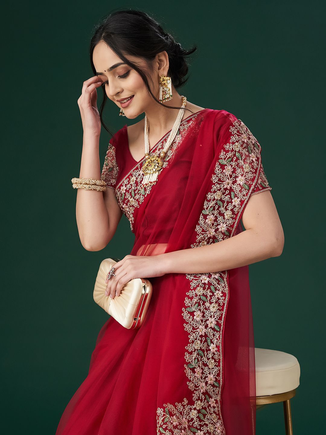 

kasee Women's Aari Work Embroidered Net Sarees, Red