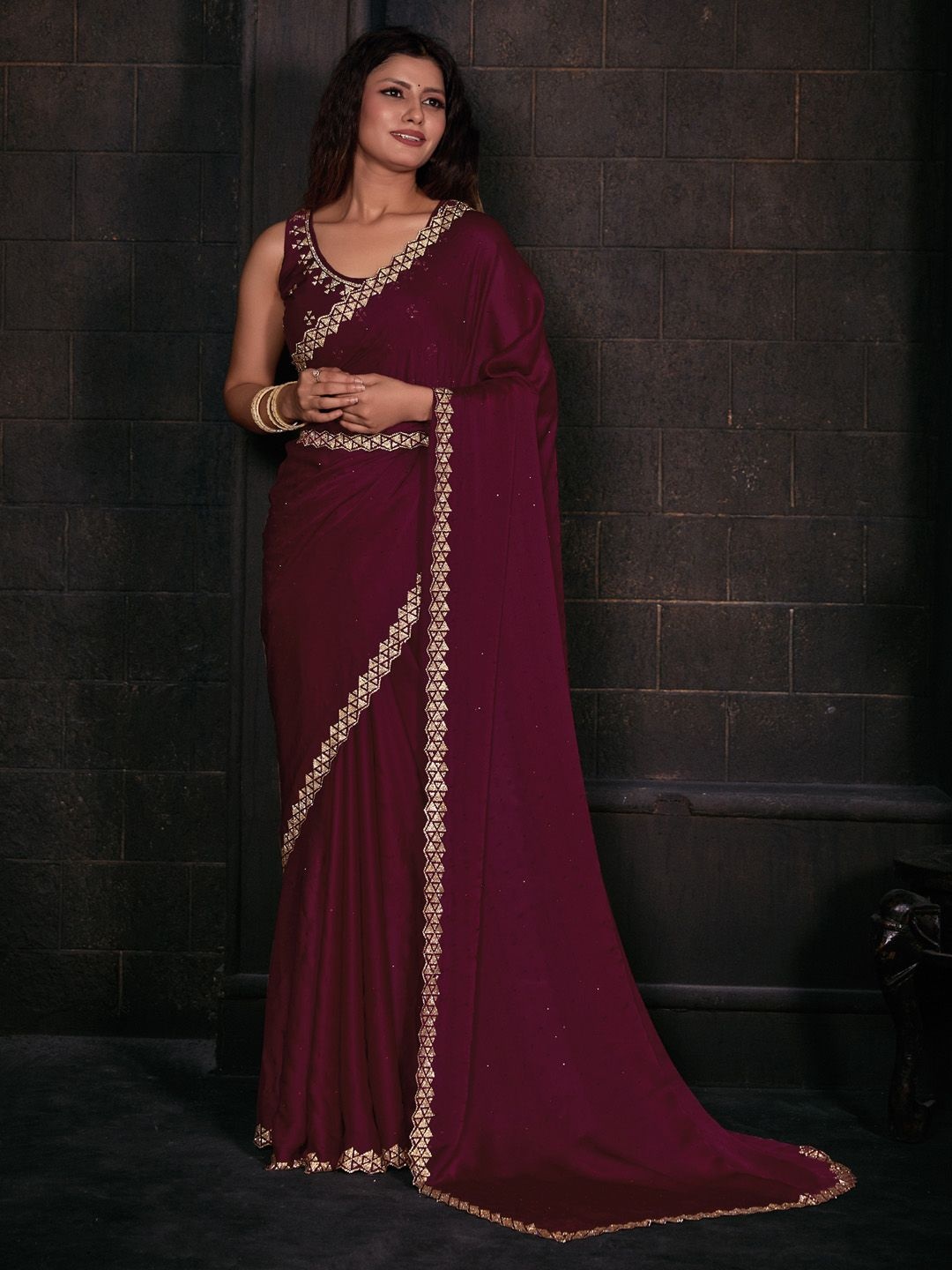 

Anouk Beads and Stones Satin Saree, Maroon