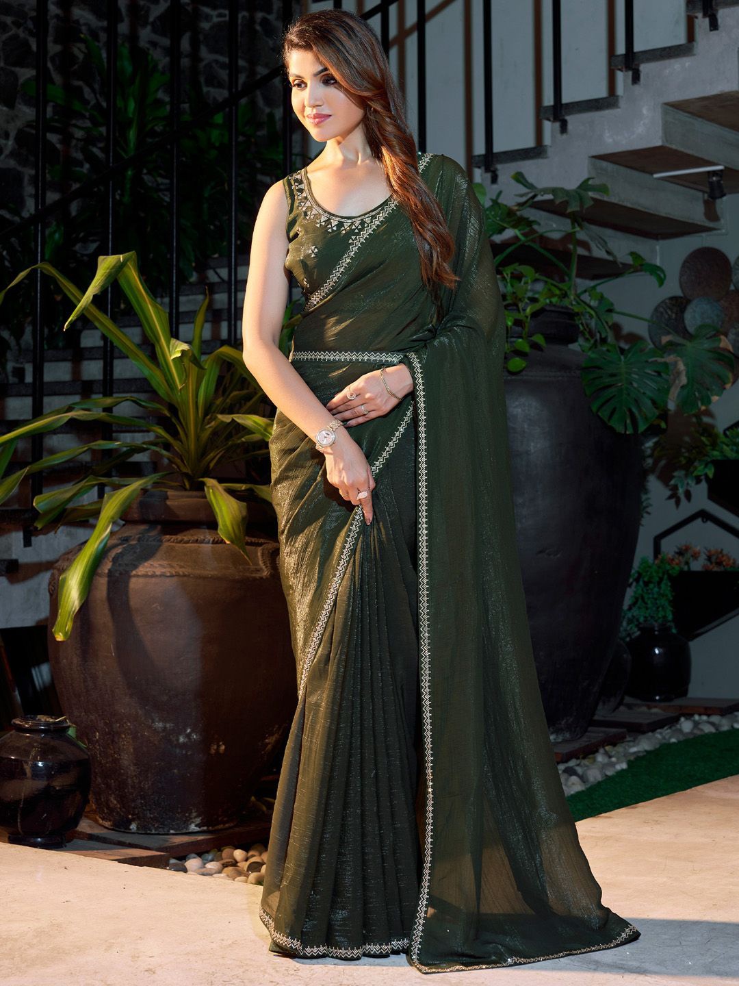 

Anouk Solid Beads and Stones Pure Chiffon Saree, Olive