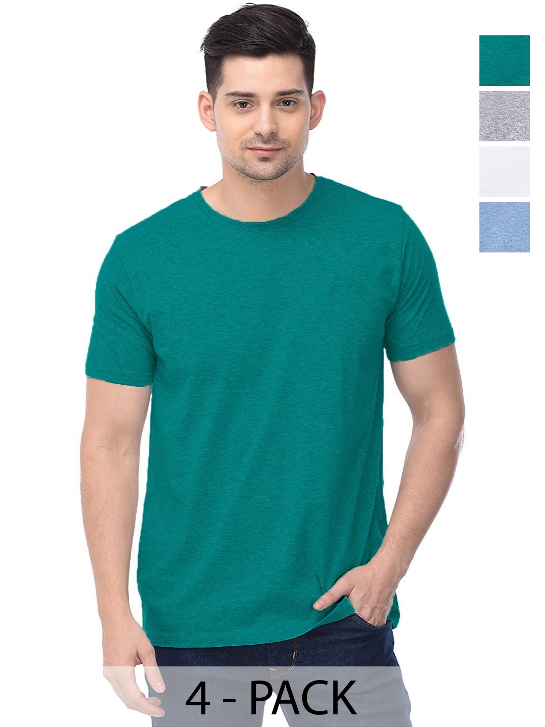 

COLOR CAPITAL Unisex Pack Of 4 Solid Round Neck Cotton T-shirts, Teal