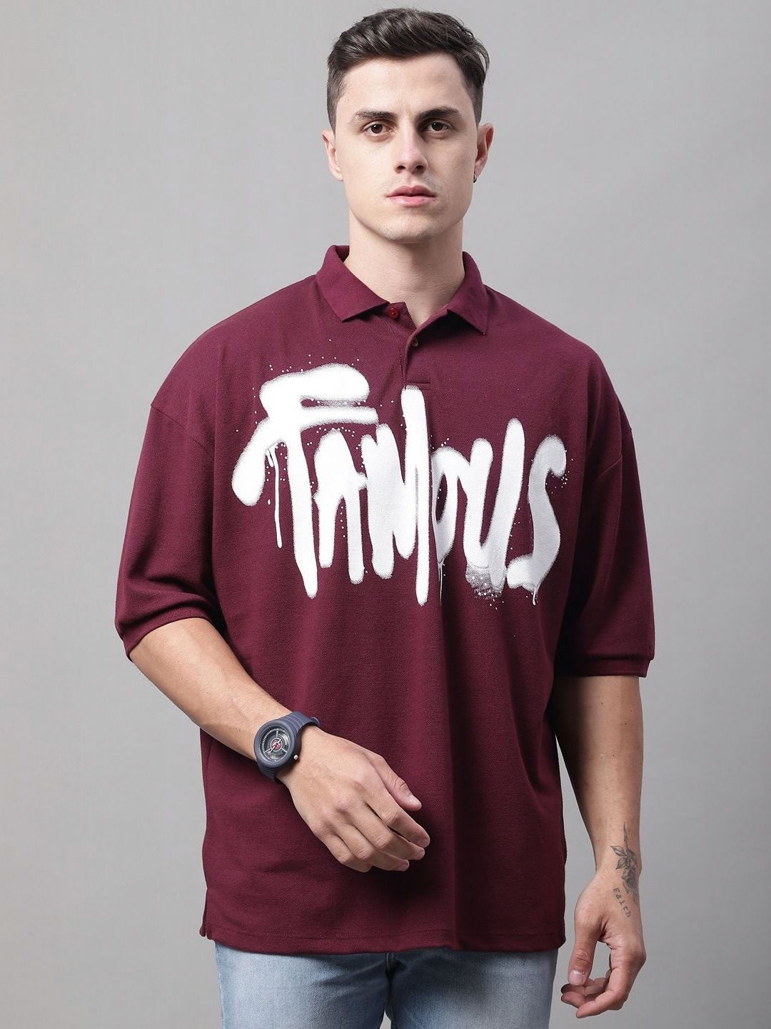 

DOOR74 Men Typography Printed Polo Collar Cotton Oversized T-shirt, Maroon