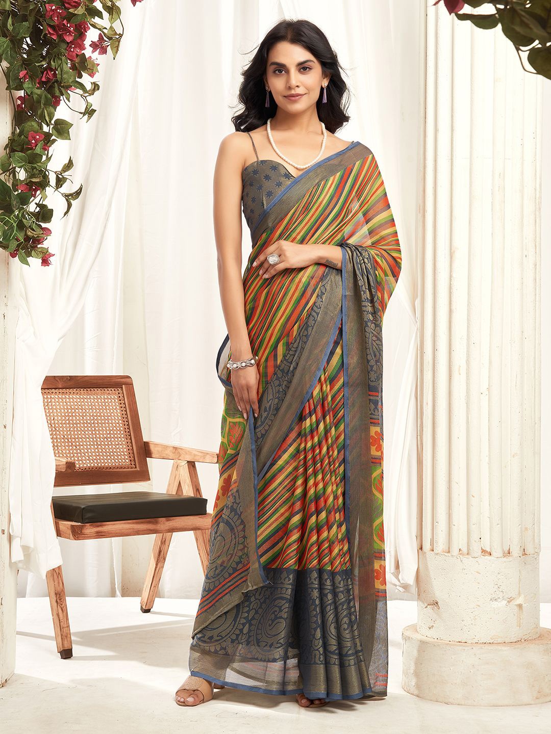 

KALINI Ethnic Striped Pure Chiffon Saree, Grey