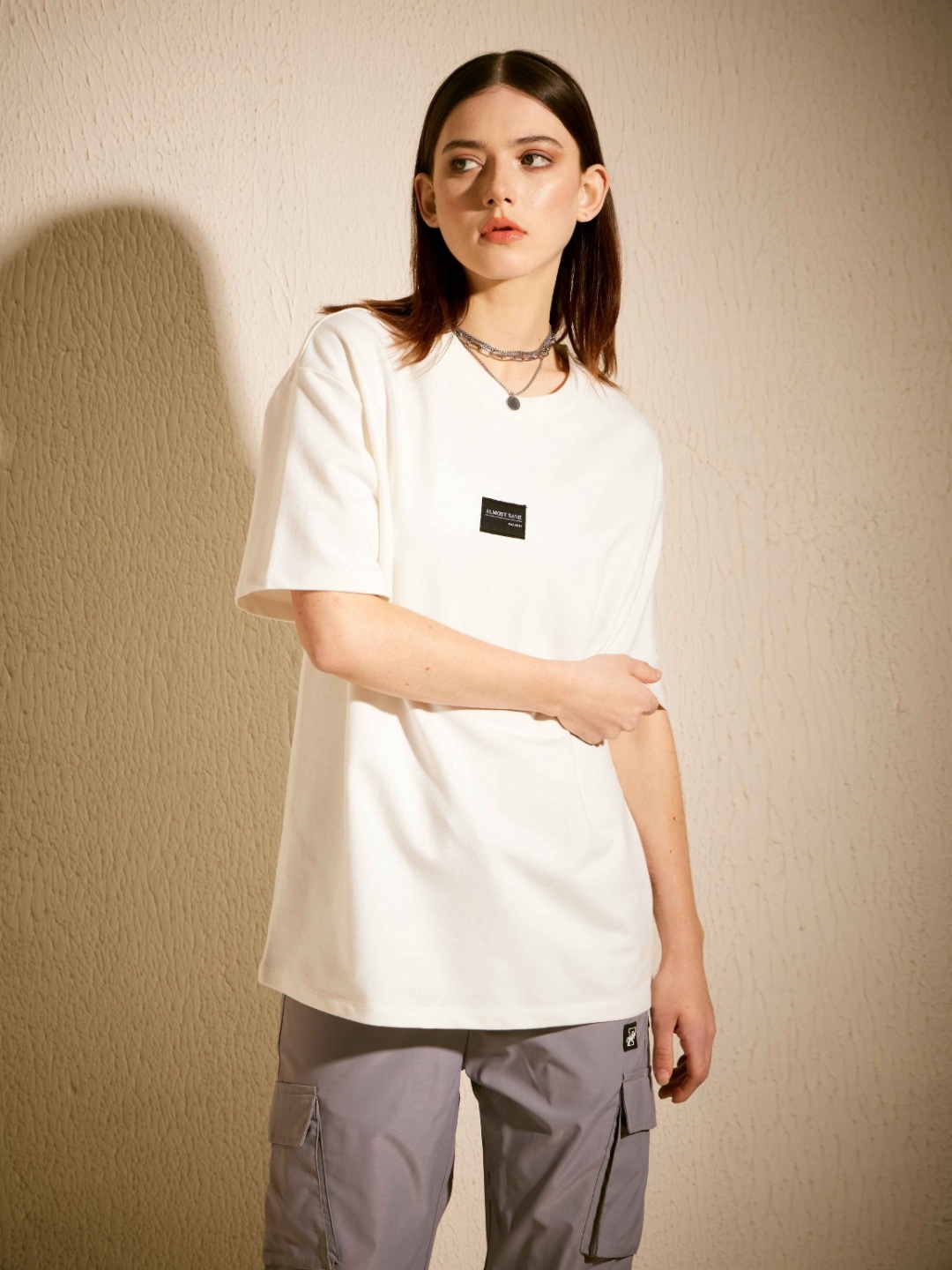 

ALMOST SANE Women Solid Round Neck Cotton Oversized T-shirt, White