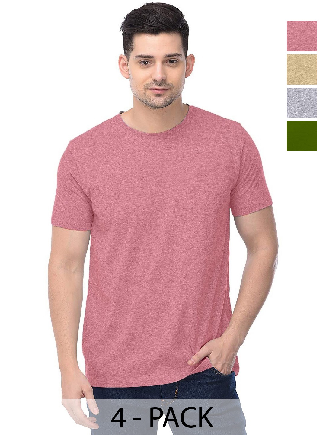 

COLOR CAPITAL Unisex Pack Of 4 Solid Round Neck Cotton T-shirts, Pink