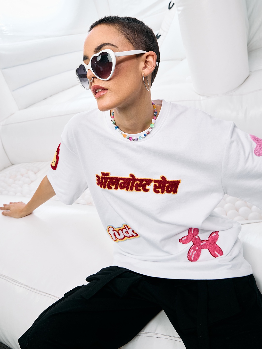 

ALMOST SANE Women Solid Round Neck Cotton Oversized T-shirts, White