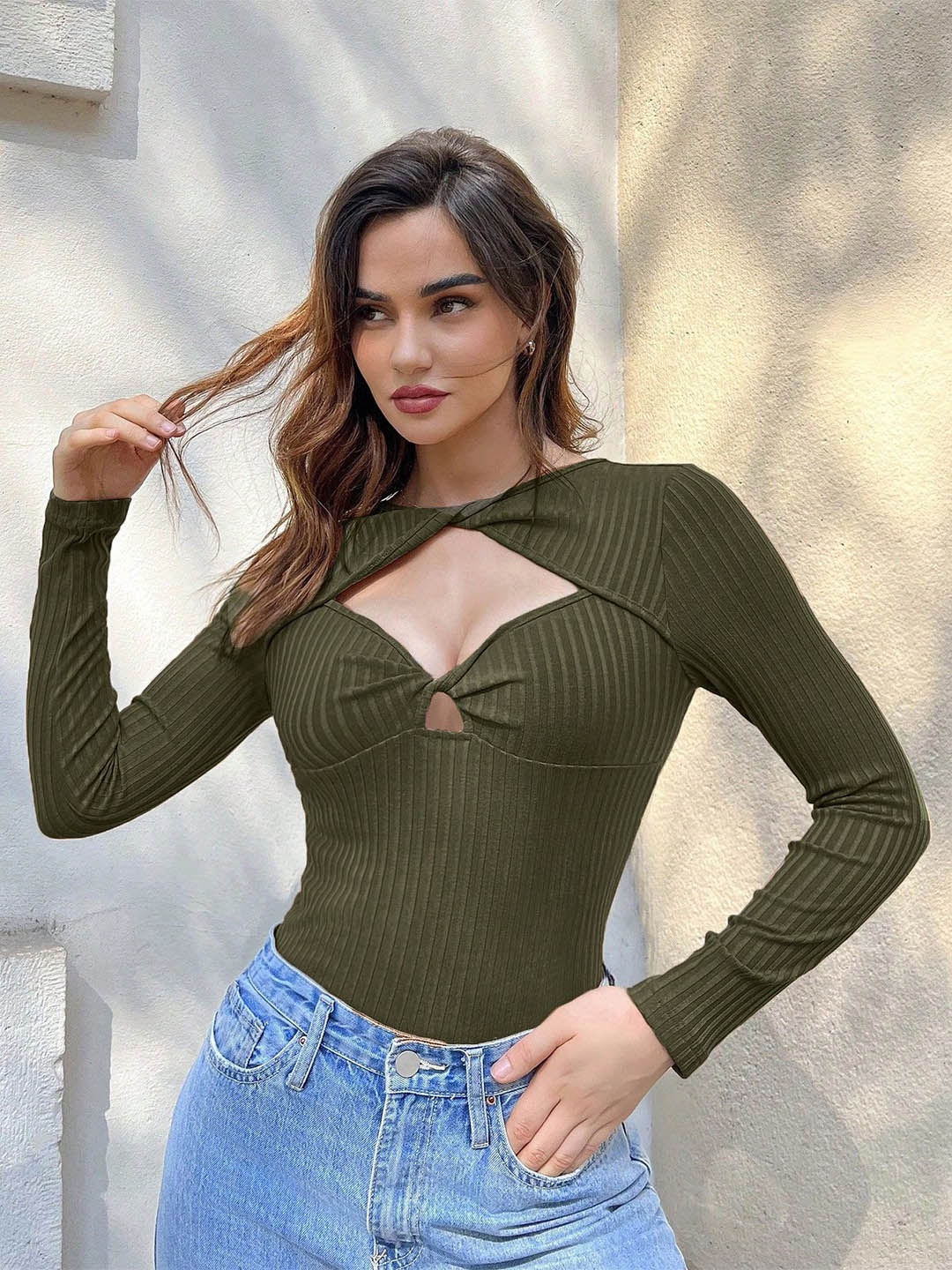 

StyleCast Women Solid Keyhole Neck Top, Olive