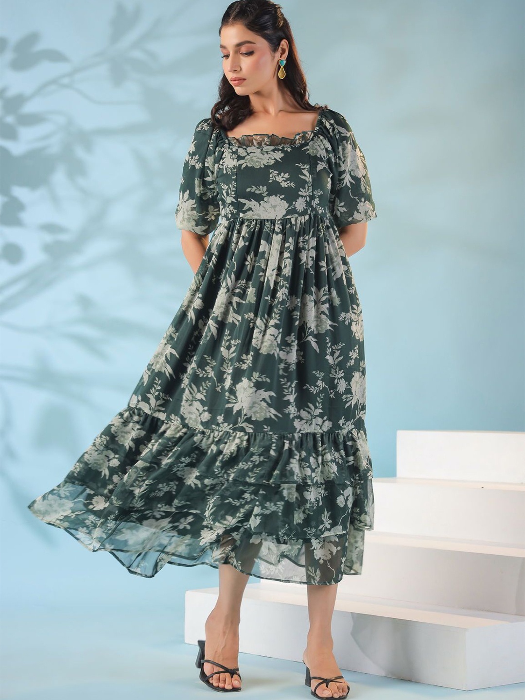 

Polago Clothing Women Floral Printed Puff Sleeve A-Line Midi Dress, Green