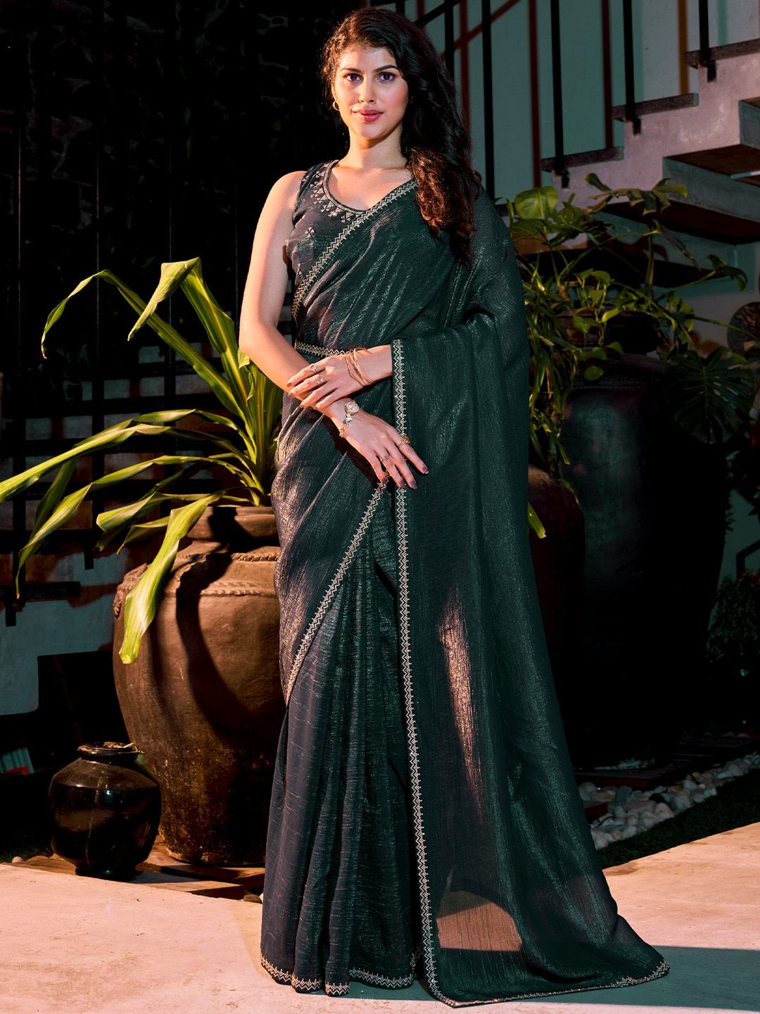 

Anouk Women Beads and Stones Pure Chiffon Saree, Teal