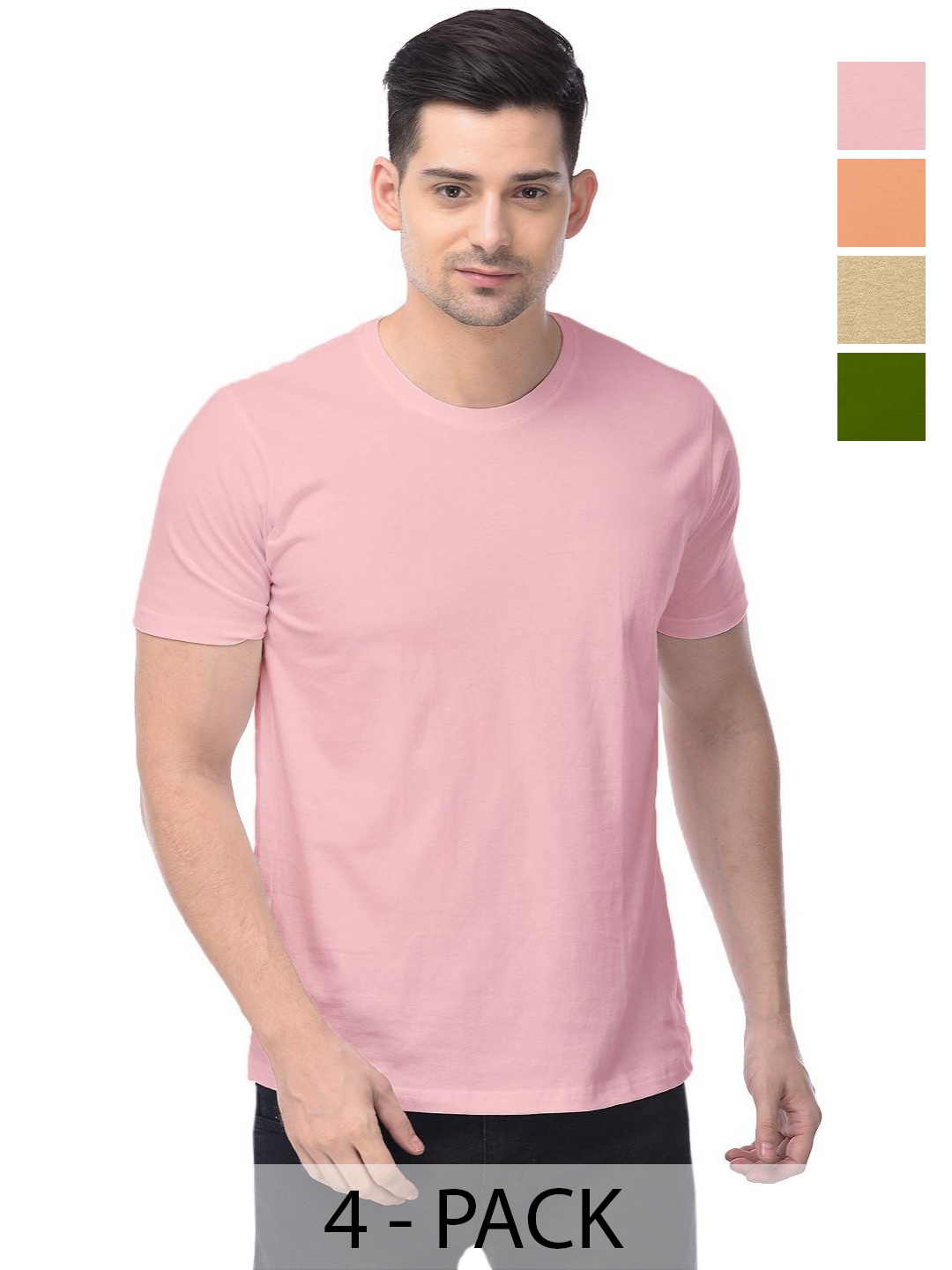 

COLOR CAPITAL Unisex Pack Of 4 Solid Round Neck Cotton T-shirts, Pink