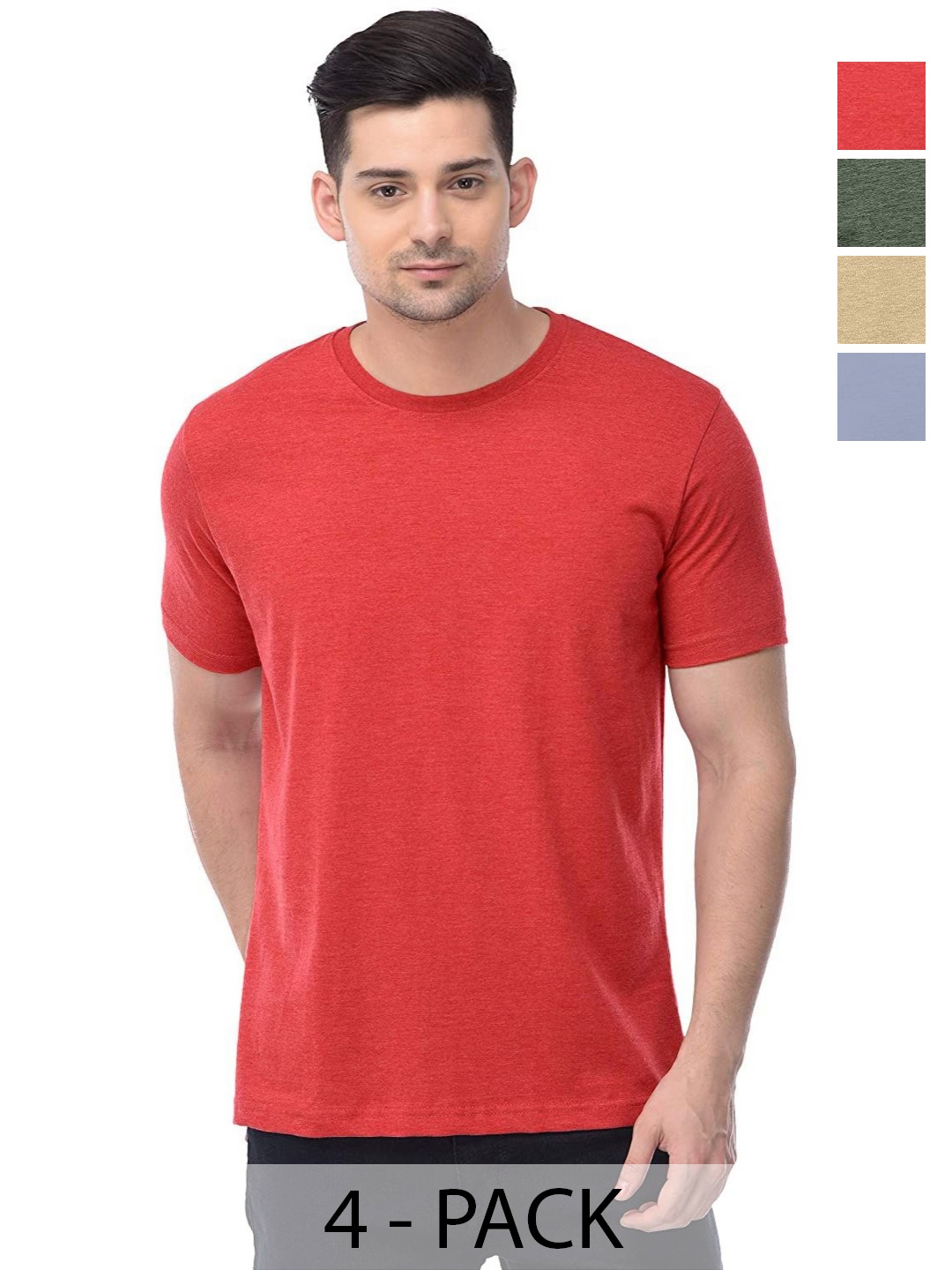 

COLOR CAPITAL Unisex Pack Of 4 Solid Round Neck Cotton T-shirts, Red