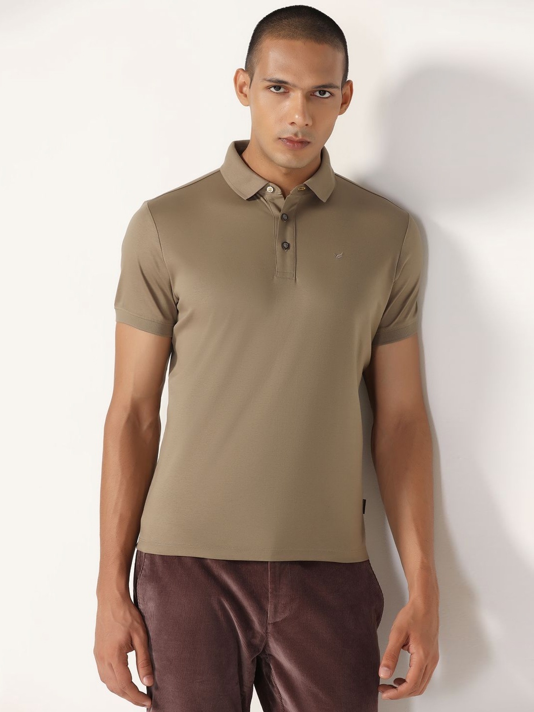 

Blackberrys Men Solid Polo Collar Cotton Slim Fit T-shirt, Beige