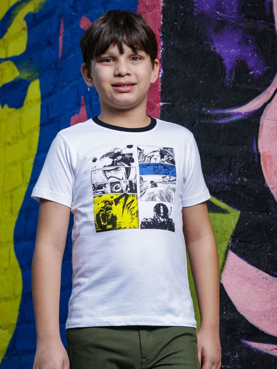 

ONE SKY Boys Graphic Printed Round Neck Cotton T-shirt, White