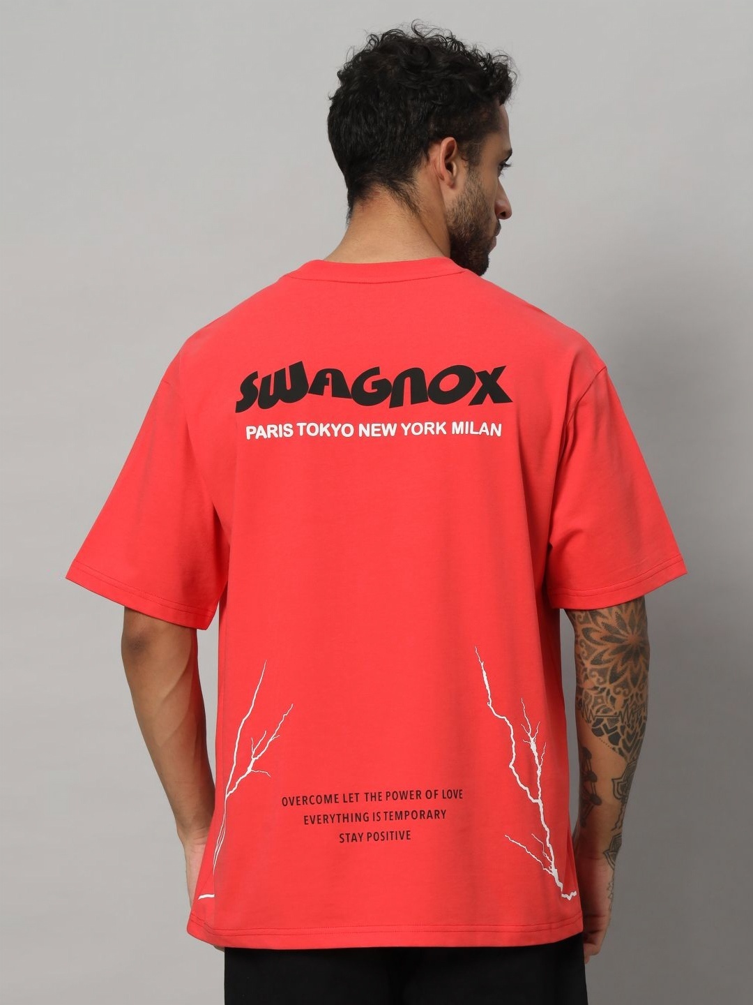 

SWAGNOX Men Typography Printed Round Neck Cotton Oversized T-shirt, Red