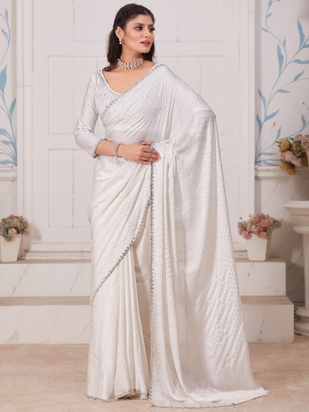

Anouk Beads and Stones embellished solid Saree with blouse piece, White