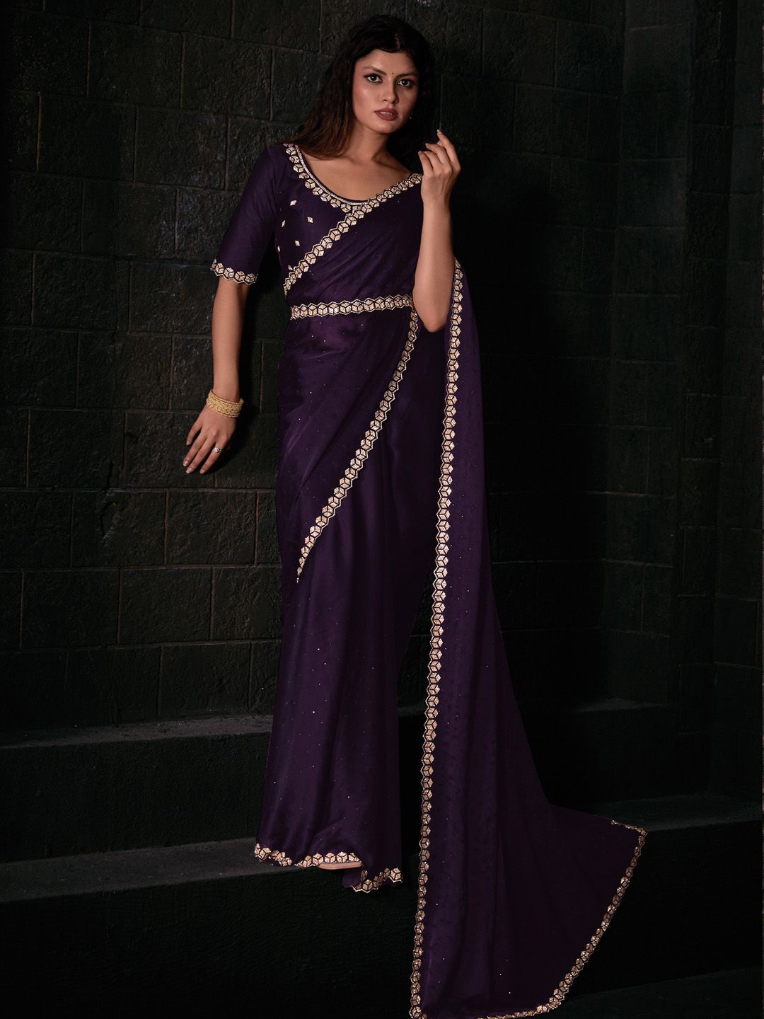 

Anouk Beads and Stones Satin Belted Saree, Purple