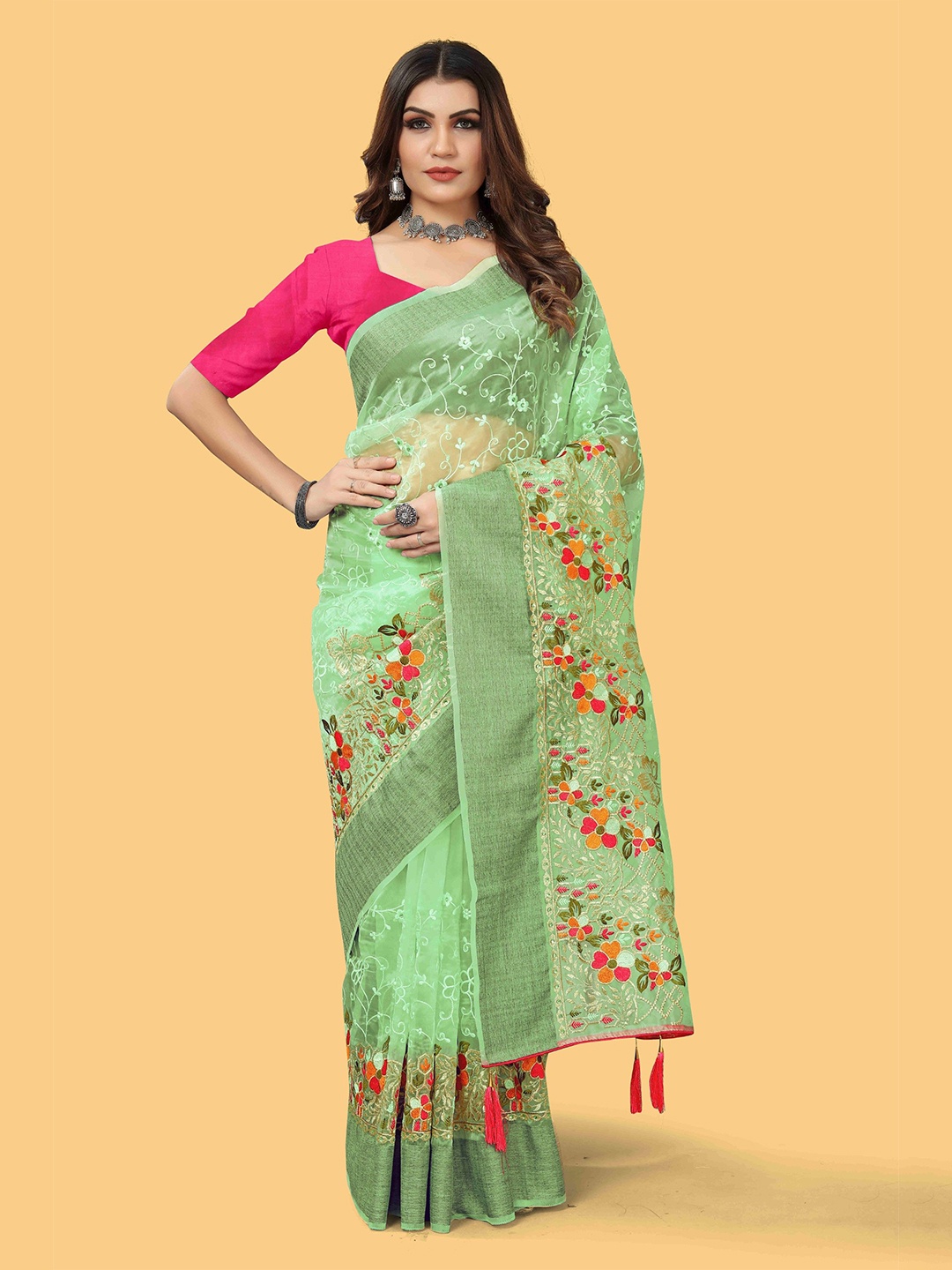 

RV CREATION Embroidered Floral Organza Saree, Green