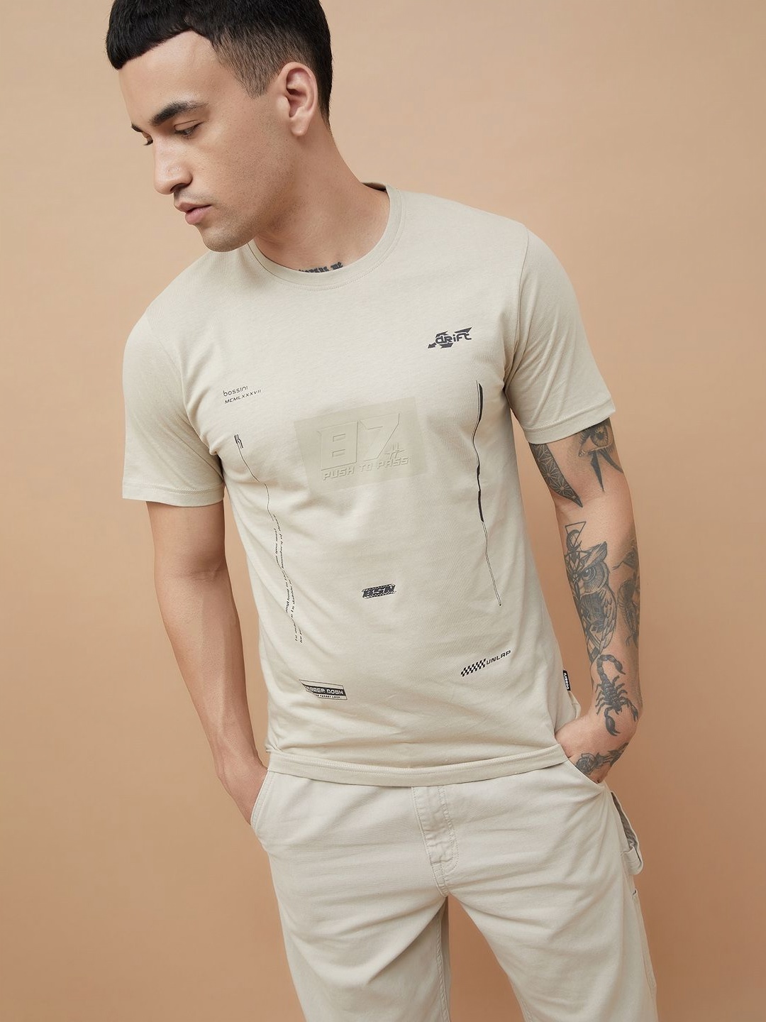

Bossini Men Solid Round Neck Cotton T-shirt, Beige