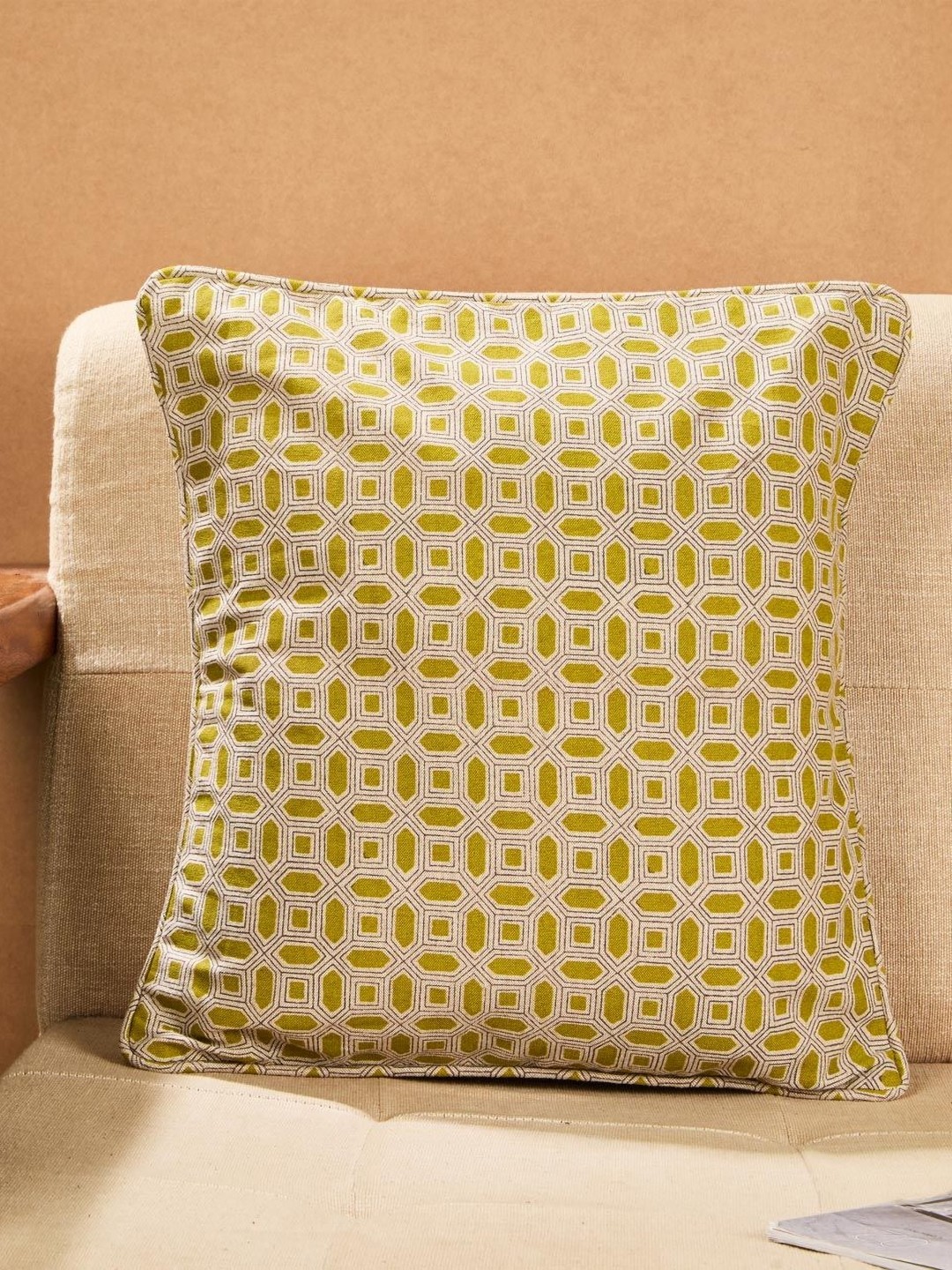 

Fabindia Standalone Beige and Yellow Geometric Printed Cotton Square Cushion Cover