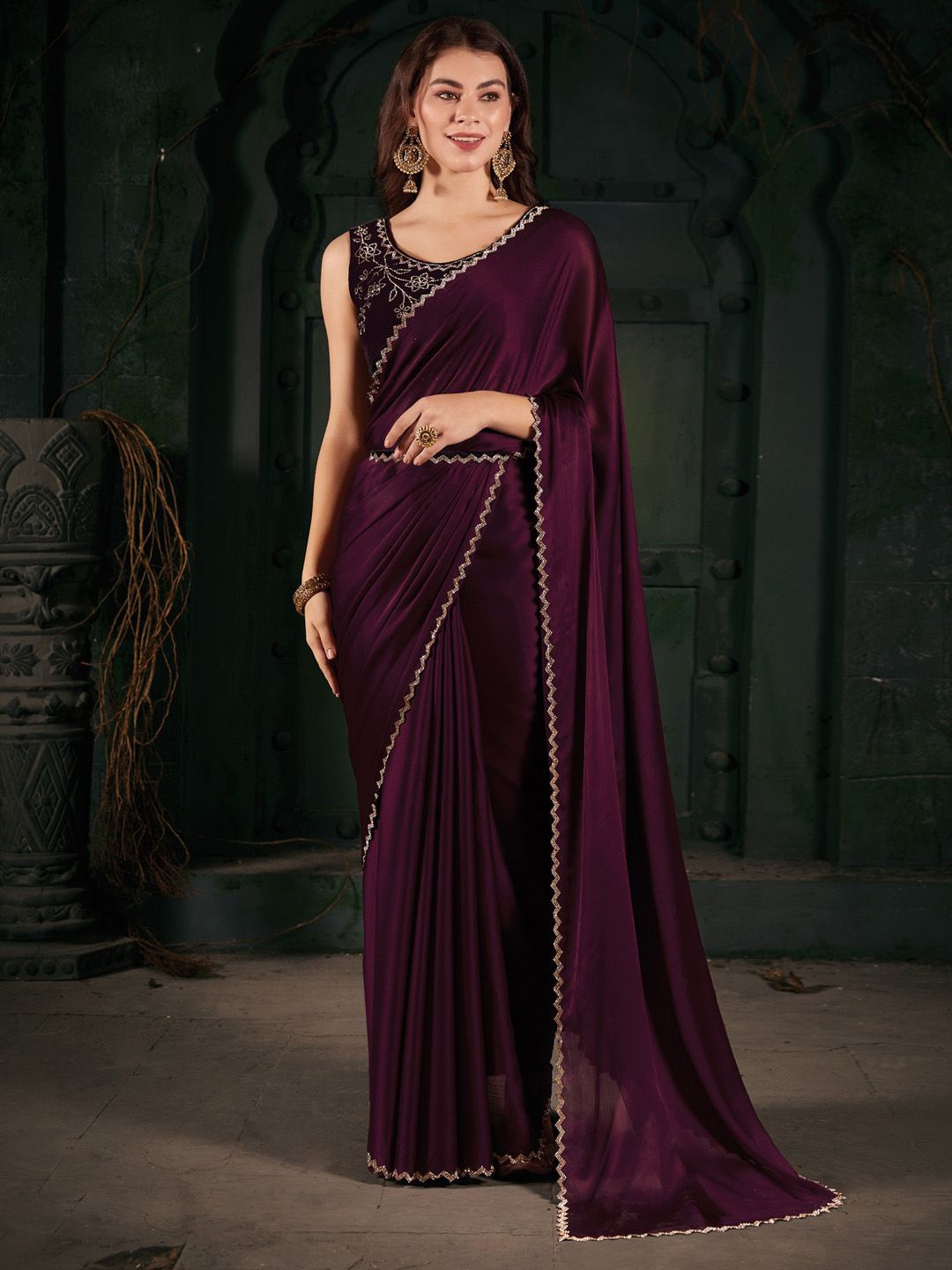 

Anouk Beads and Stones Poly Chiffon Saree, Magenta