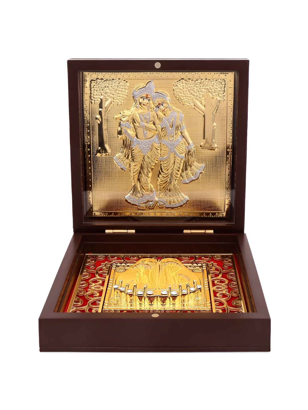 

INTERNATIONAL GIFT Gold Toned & Brown Metal Devotional Radha Krishna Charan Paduka Box