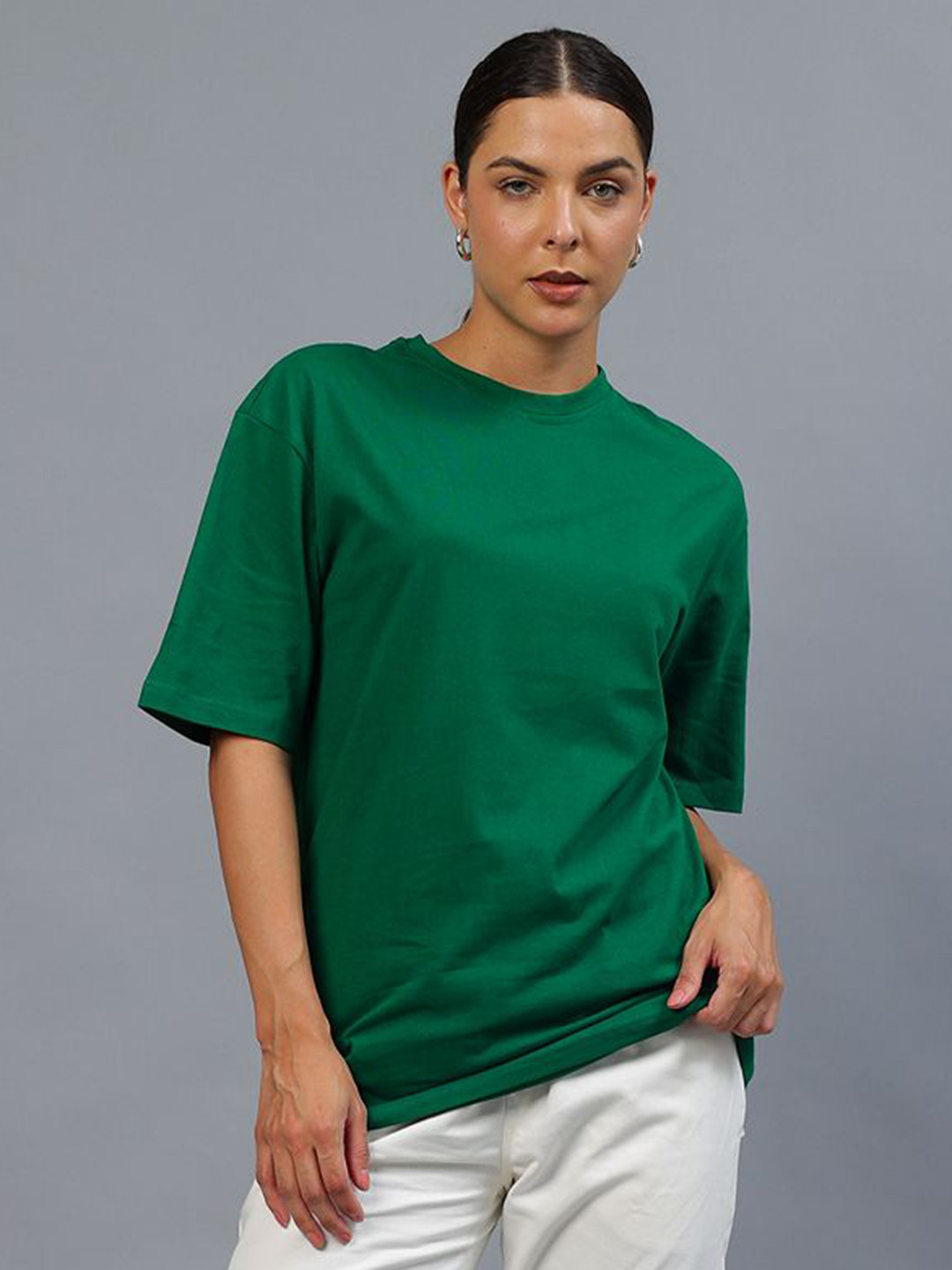 

Mad Over Print Women Solid Round Neck Cotton Oversized T-shirt, Green