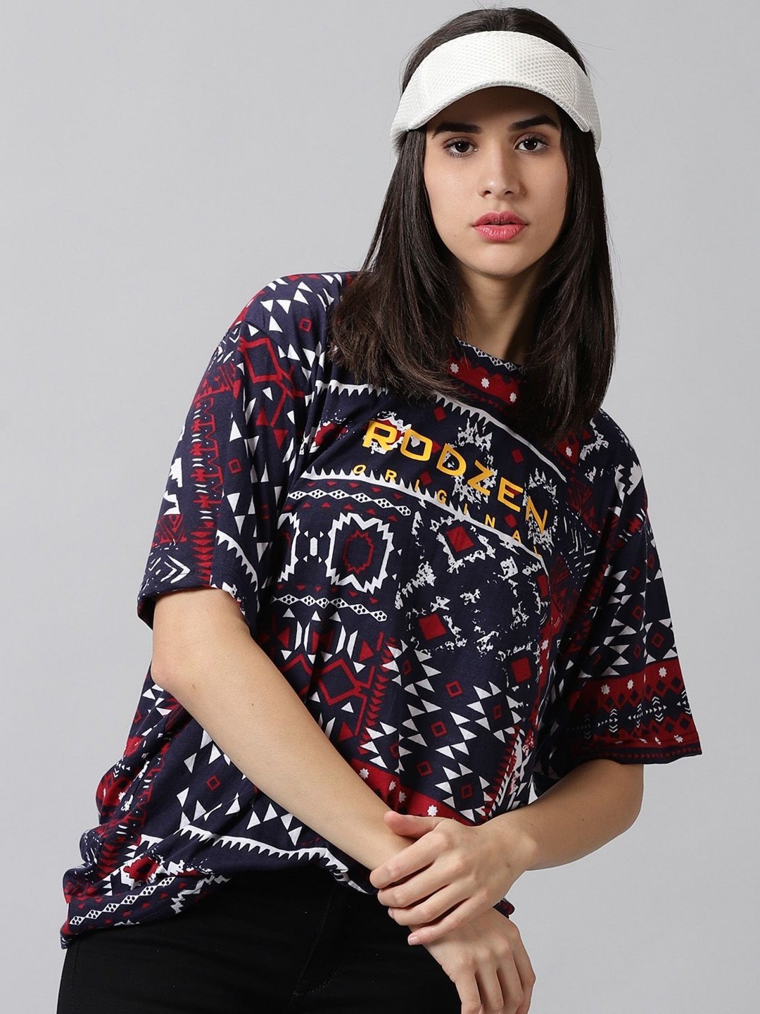 

Rodzen Women Abstract Printed Round Neck Cotton Oversized T-shirt, Navy blue