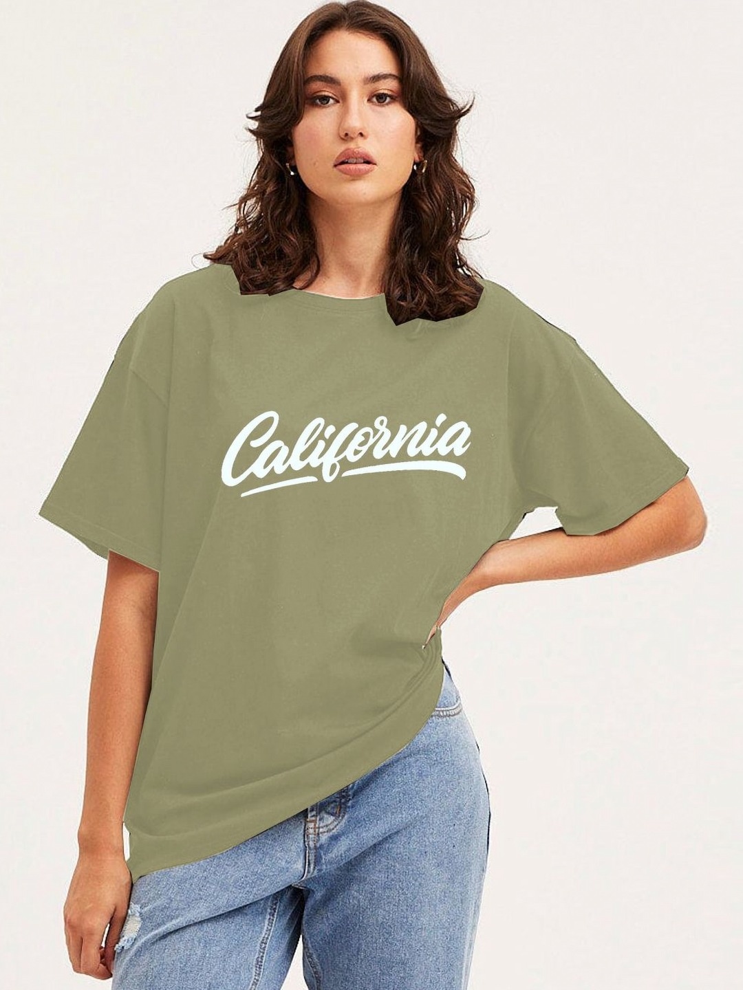 

CLAFOUTIS Women Typography Printed Round Neck Cotton Relaxed Fit T-shirt, Green