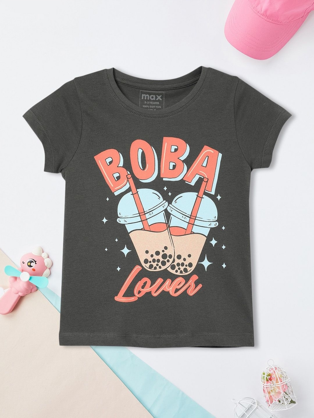 

max Girls Typography Printed Round Neck Cotton T-shirt, Grey