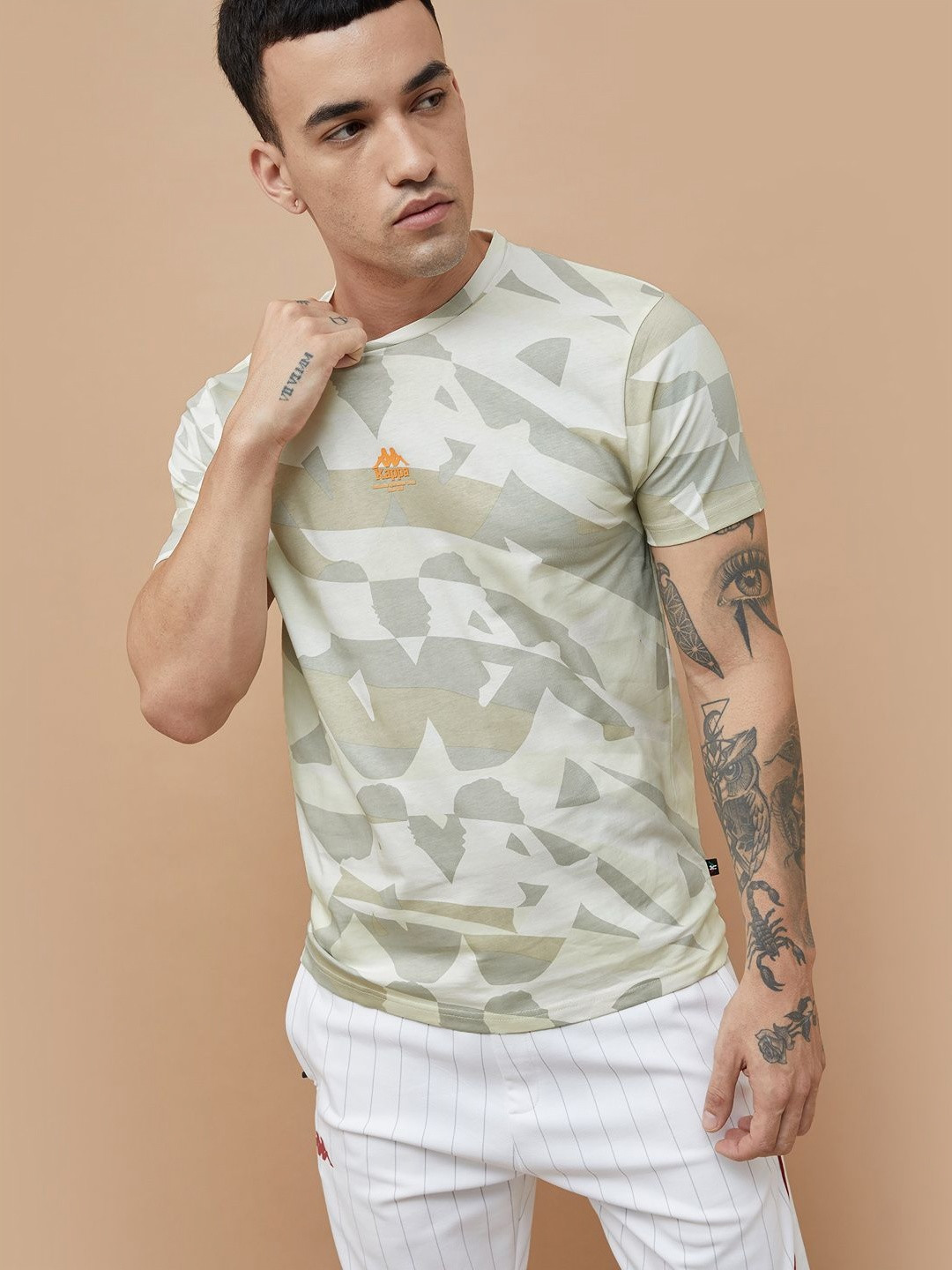 

Kappa Men Abstract Printed Round Neck Cotton T-shirt, Beige