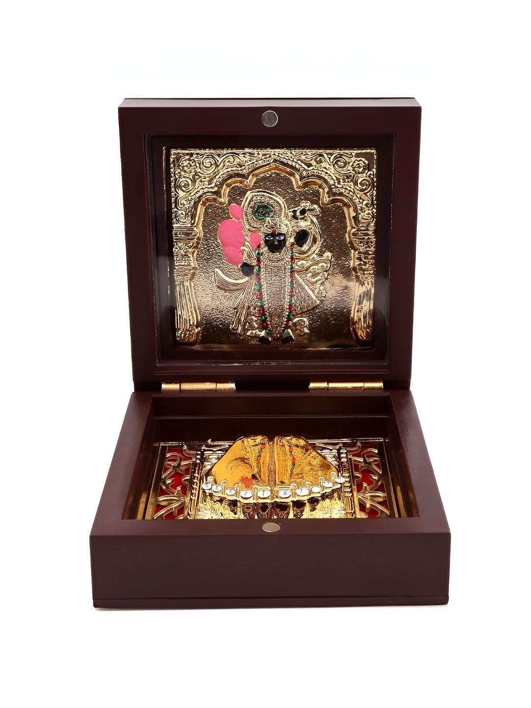 

INTERNATIONAL GIFT Gold Toned & Brown Metal Banke Bihari Charan Paduka Box