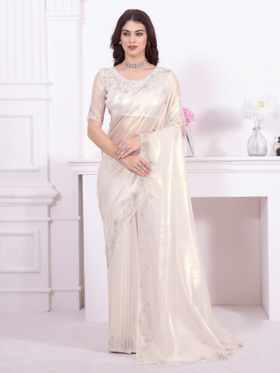 

Anouk Beads and Stones Embellished Party Wear Saree, White