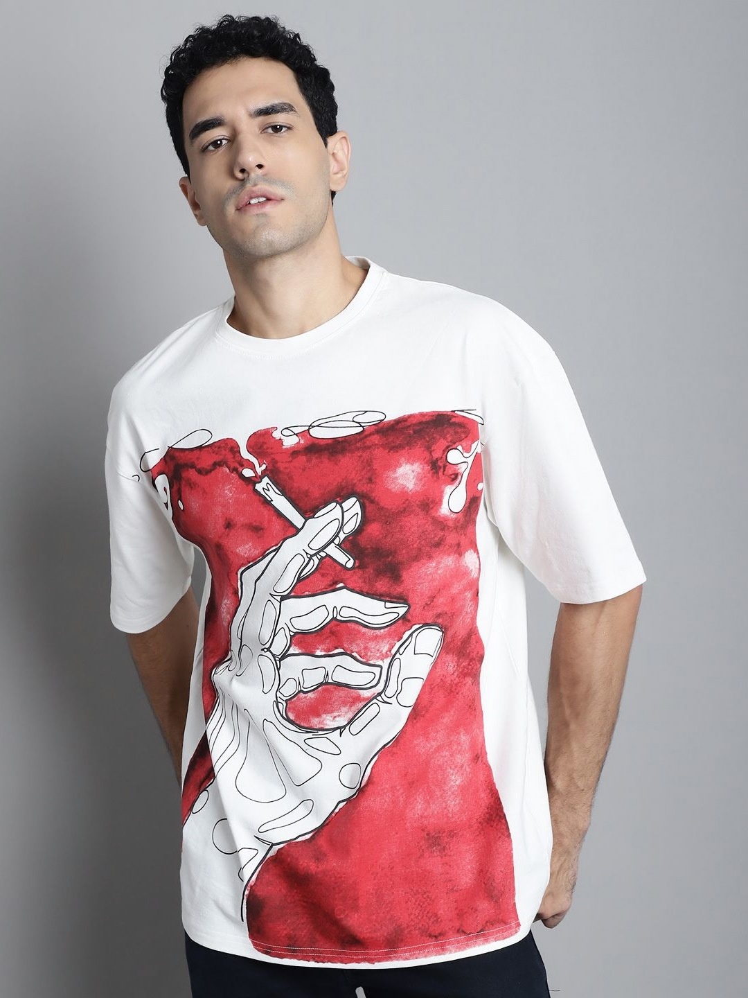 

DOOR74 Men Graphic Printed Round Neck Cotton Oversized T-shirt, White