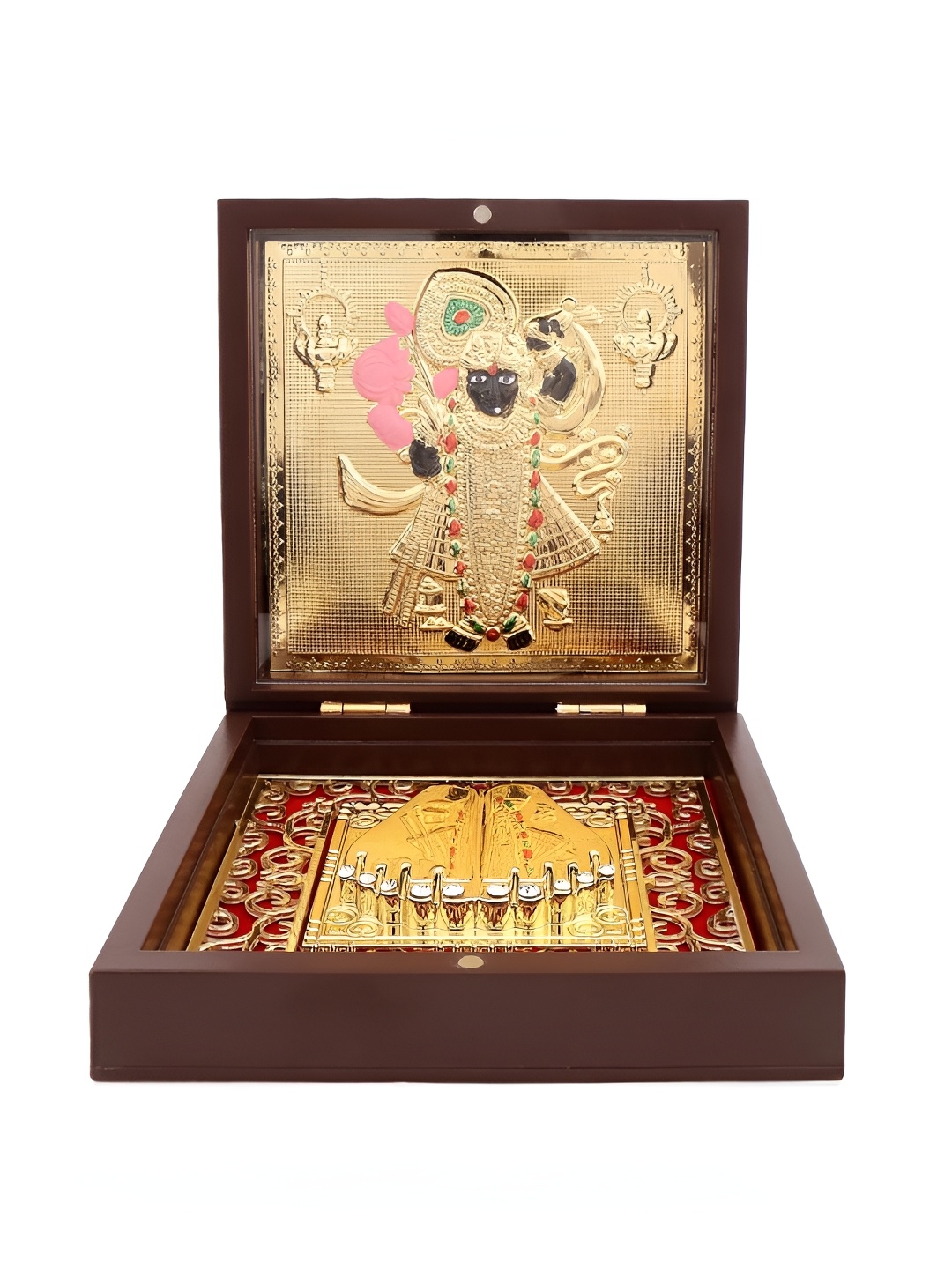 

INTERNATIONAL GIFT Gold Toned & Brown Metal Banke Bihari Charan Paduka Box