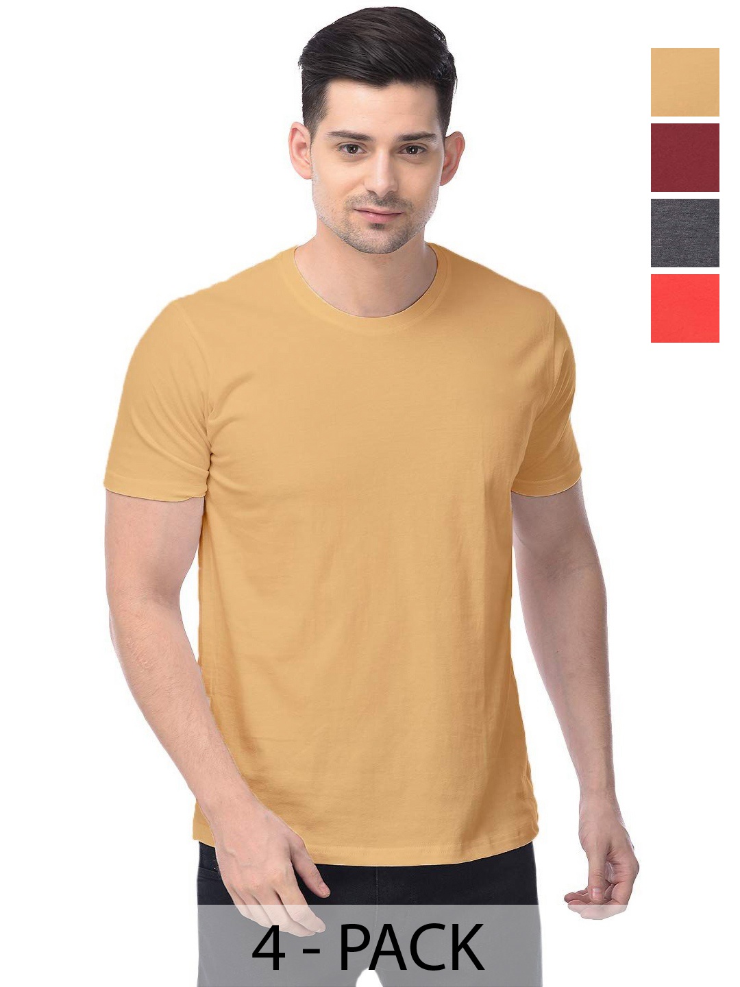 

COLOR CAPITAL Unisex Pack Of 4 Solid Round Neck Cotton T-shirts, Na