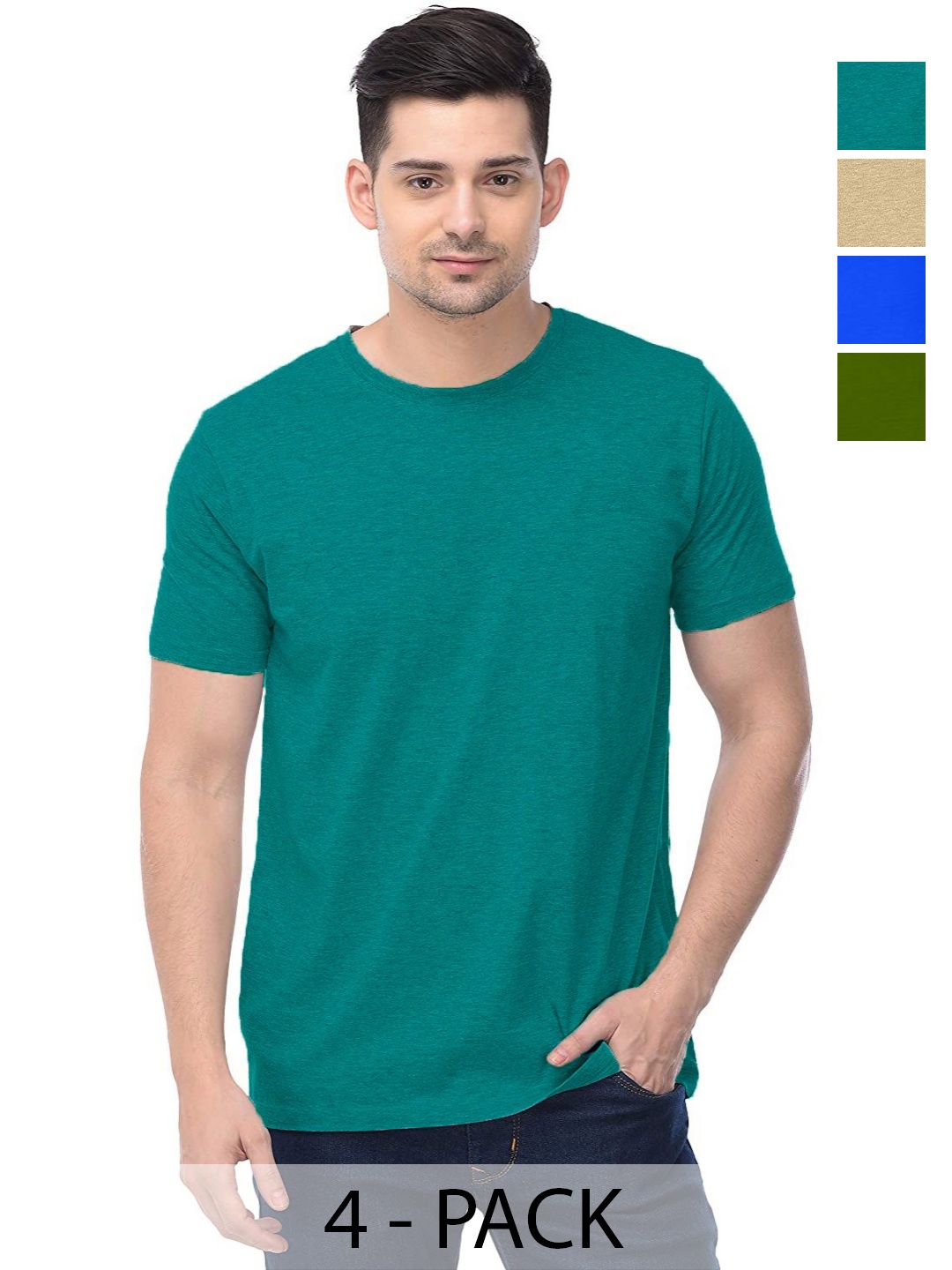 

COLOR CAPITAL Unisex Pack Of 4 Solid Round Neck Cotton T-shirts, Sea green