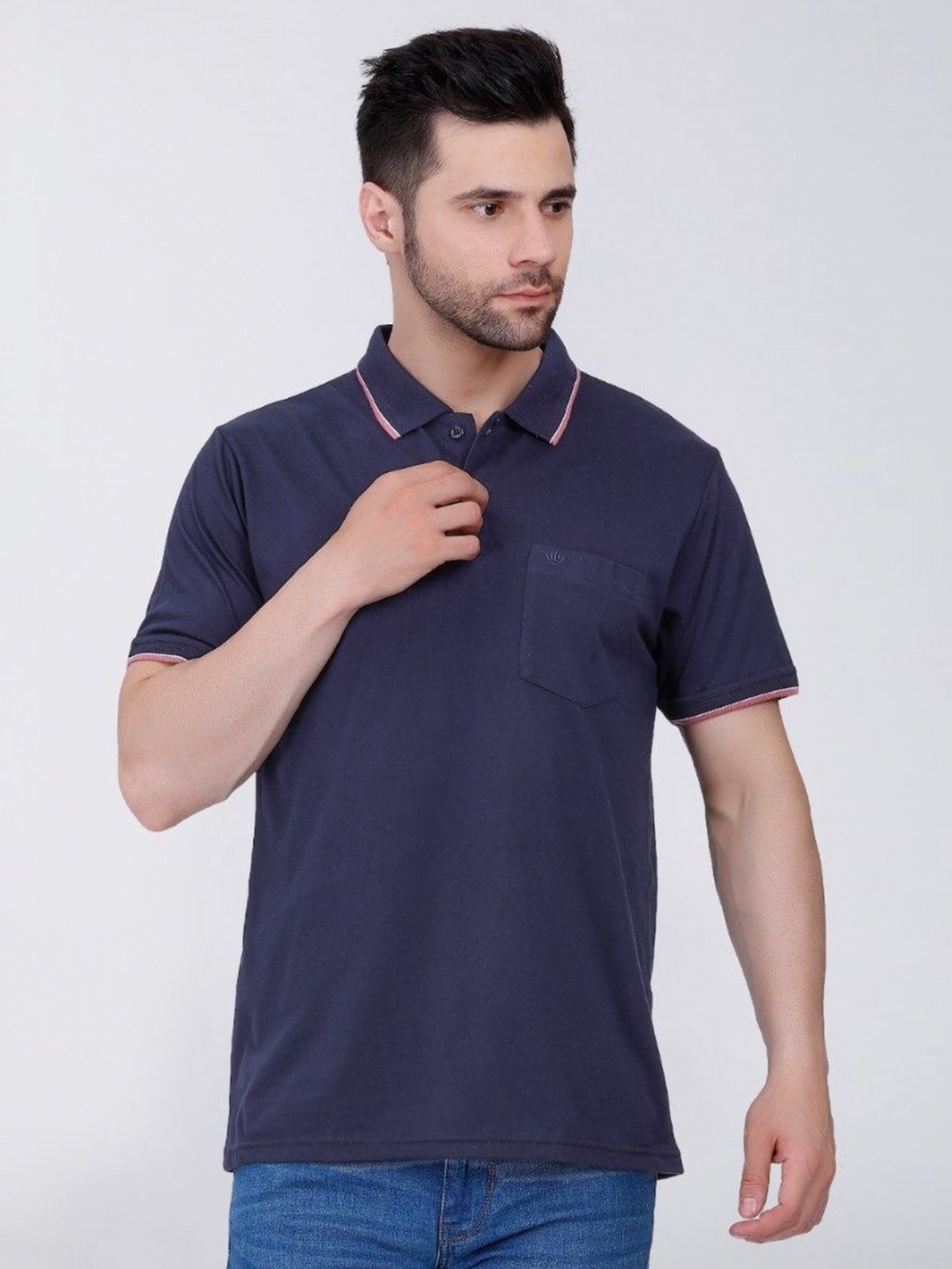 

ARRAY Men Solid Polo Collar Cotton Relaxed Fit T-Shirt, Navy blue