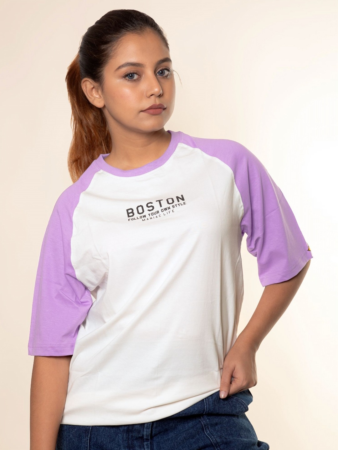 

Maniac Women Typography Printed Round Neck Cotton Oversized T-shirt, White