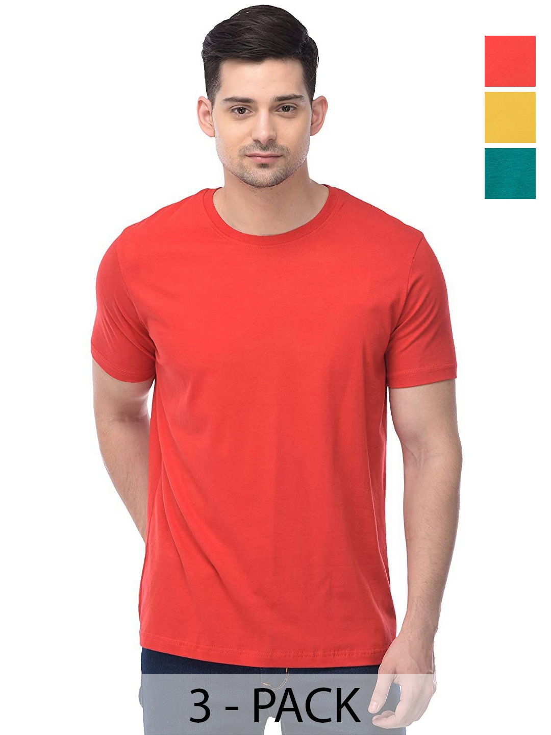 

COLOR CAPITAL Unisex Pack Of 3 Solid Round Neck Cotton T-shirts, Red