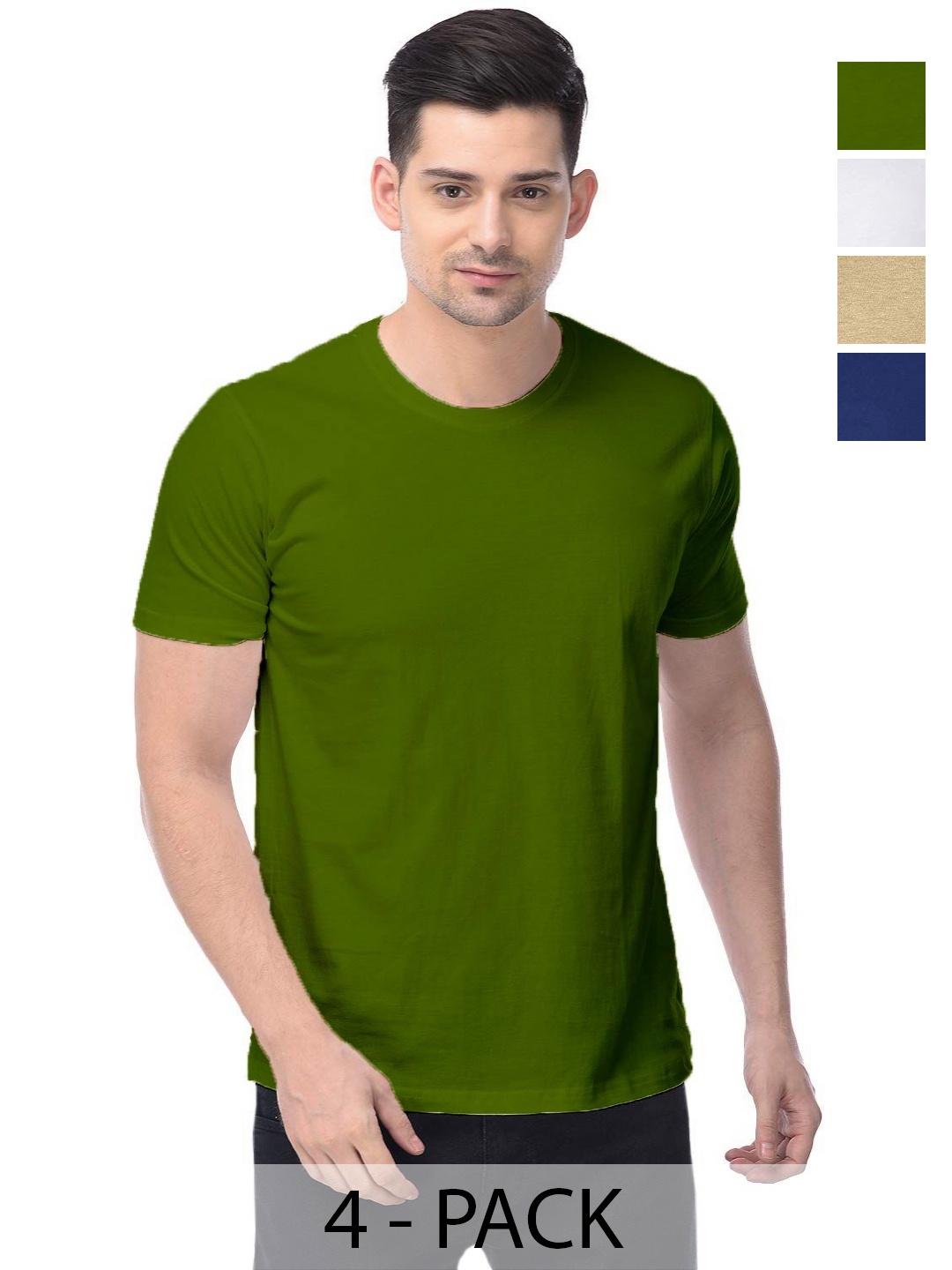 

COLOR CAPITAL Unisex Pack Of 4 Solid Round Neck Cotton T-shirts, Olive