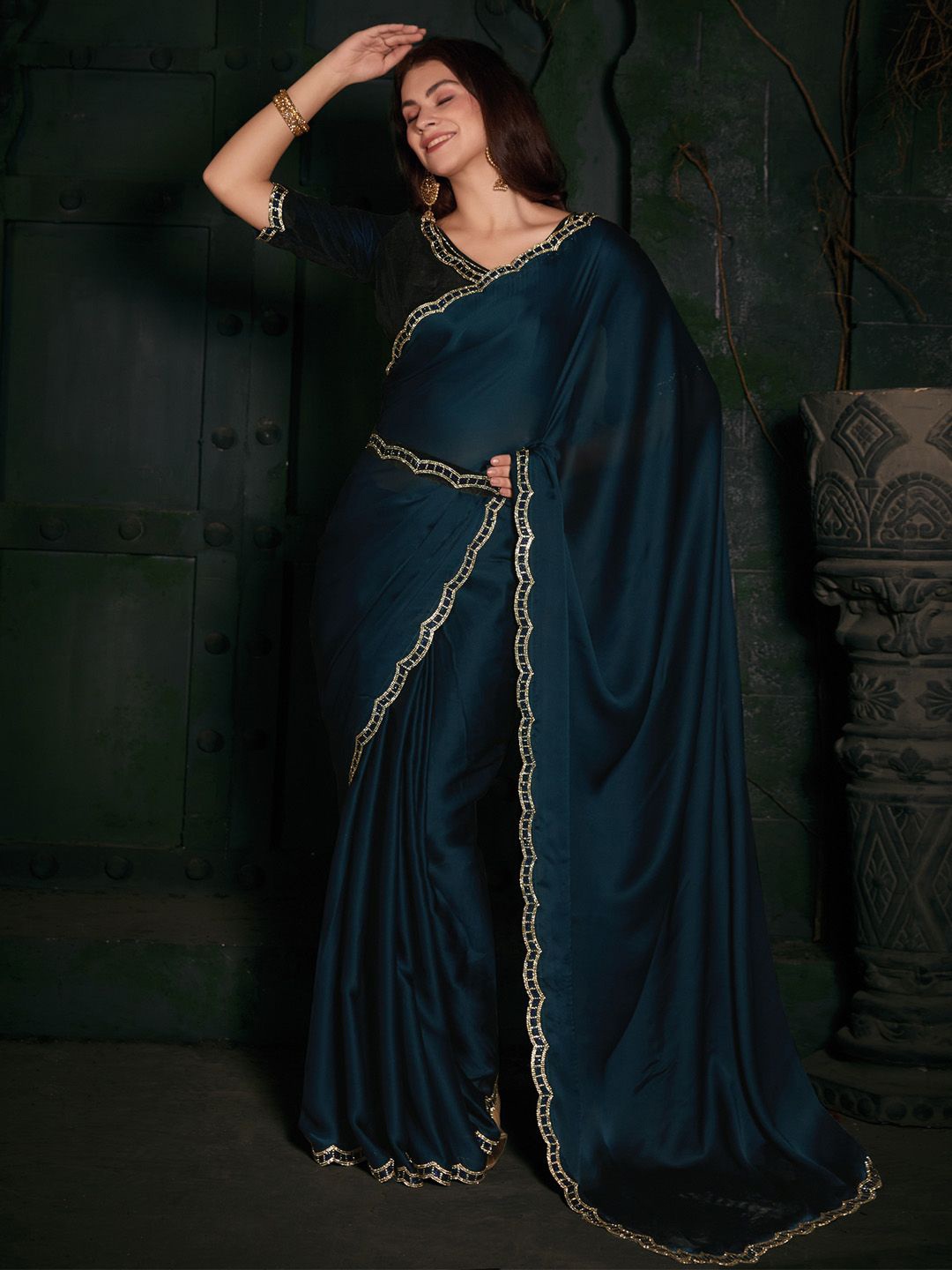 

Anouk Beads and Stones Satin Saree, Turquoise blue