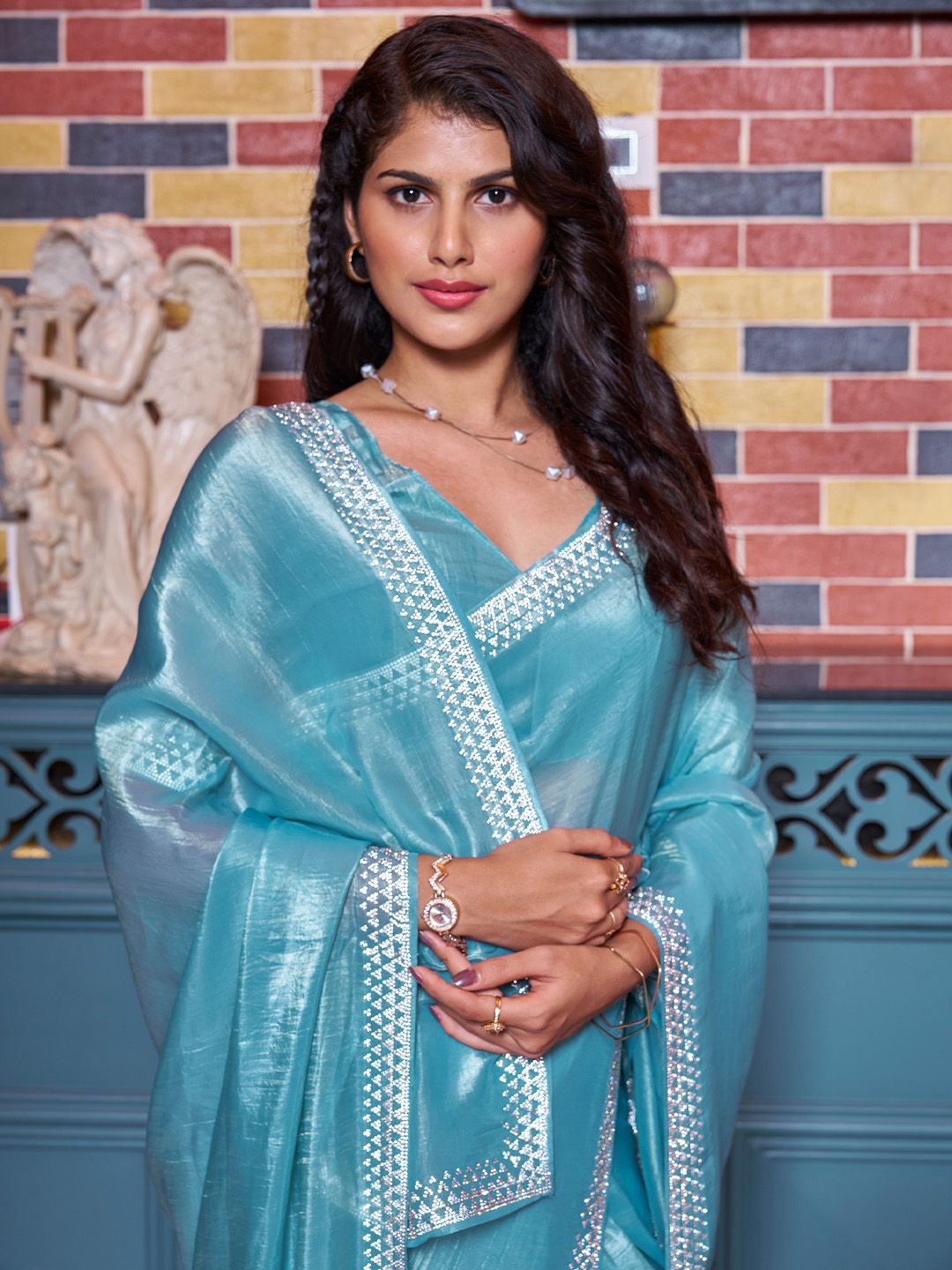 

Anouk Pure Silk Beads and Stones Embellished Saree with blouse piece, Blue