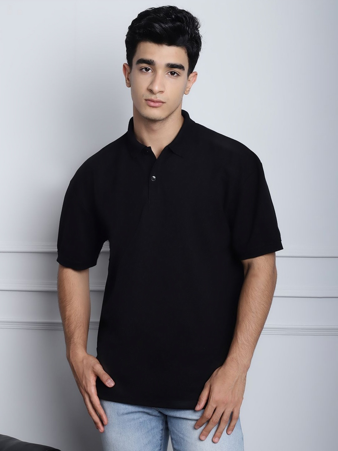 

DOOR74 Men Solid Polo Collar Cotton Oversized T-shirt, Black