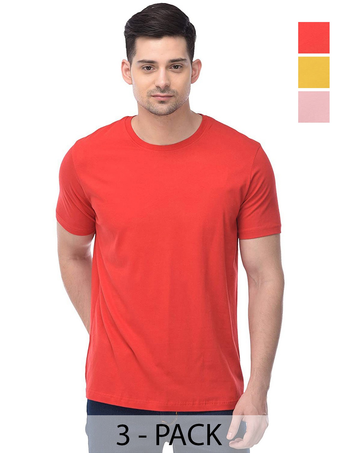 

COLOR CAPITAL Unisex Pack Of 3 Solid Round Neck Cotton T-shirts, Red