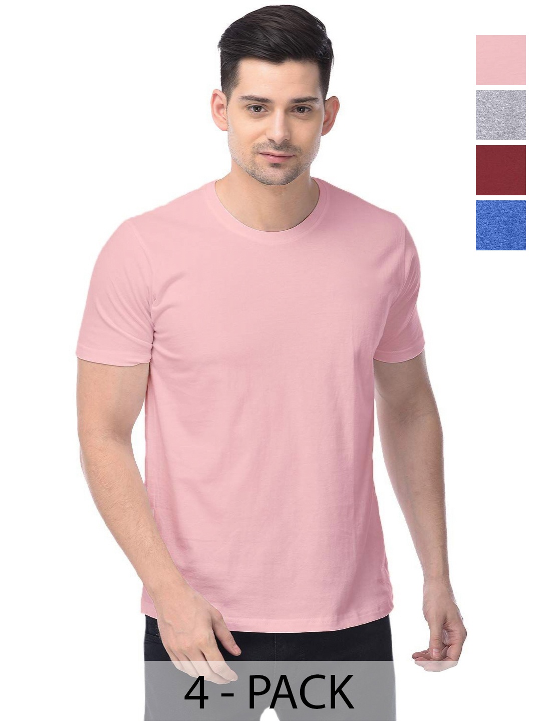 

COLOR CAPITAL Unisex Pack Of 4 Solid Round Neck Cotton T-shirts, Pink