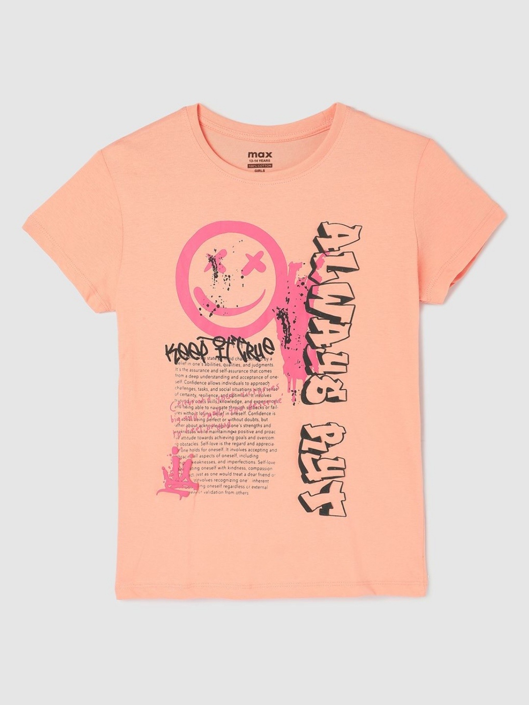 

max Girls Typography Printed Round Neck Cotton T-shirt, Peach