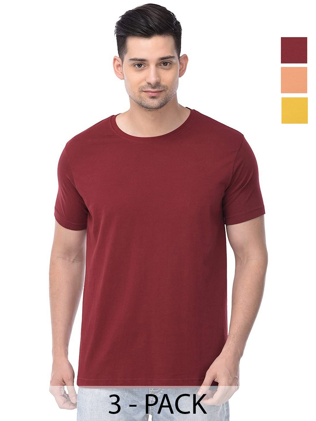 

COLOR CAPITAL Unisex Pack Of 3 Solid Round Neck Cotton T-shirts, Maroon