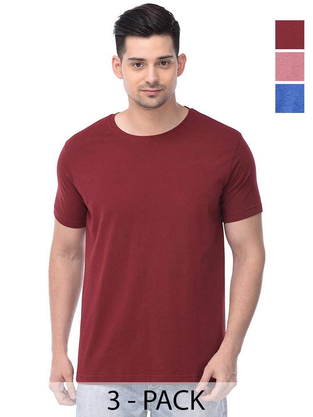 

COLOR CAPITAL Unisex Pack Of 3 Solid Round Neck Cotton T-shirts, Maroon