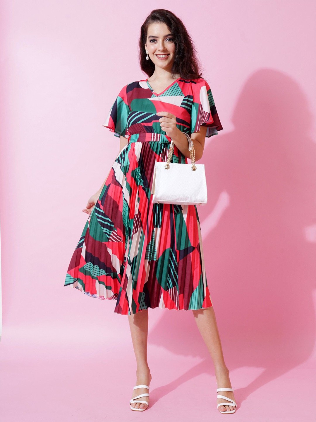 

Femvy Women Abstract Printed Fit & Flare Dress, Green