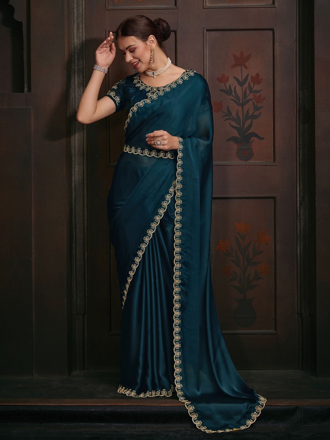 

Anouk Beads and Stones Satin Belted Saree, Teal