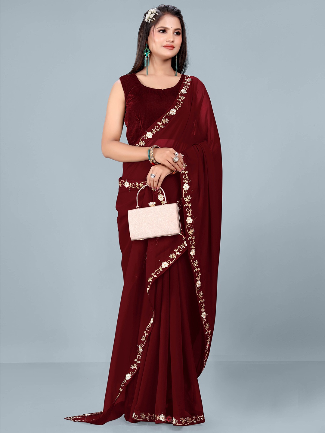

Ashiya Fab Women Pure Georgette Saree With Embroidered Border, Red
